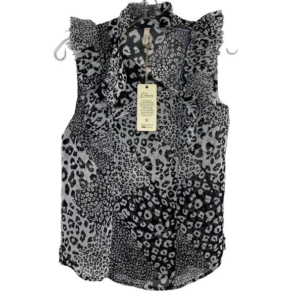 Olivaceous Black White Snow Leopard Sheer Sleeveless Blouse Top Small Tuxedo NEW - Picture 7 of 8